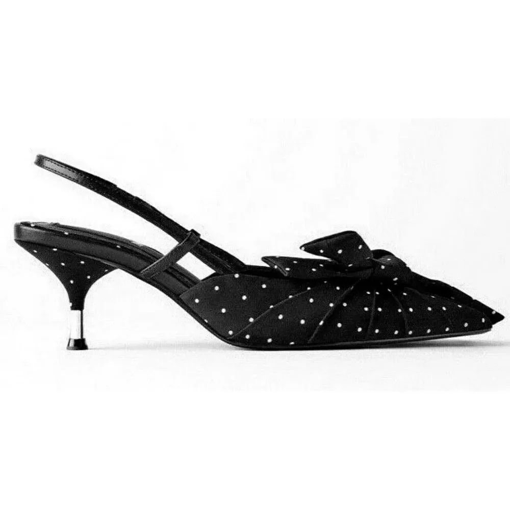Zara Black & White Polka Dot Kitten Heel Sling back Shoes(Size 39)
